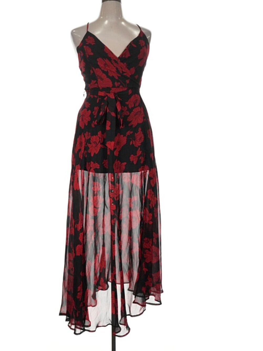 NWT Lulus Black & Red Floral High-Low Maxi Dress XL Sheer Overlay Wrap Style - Picture 2 of 6
